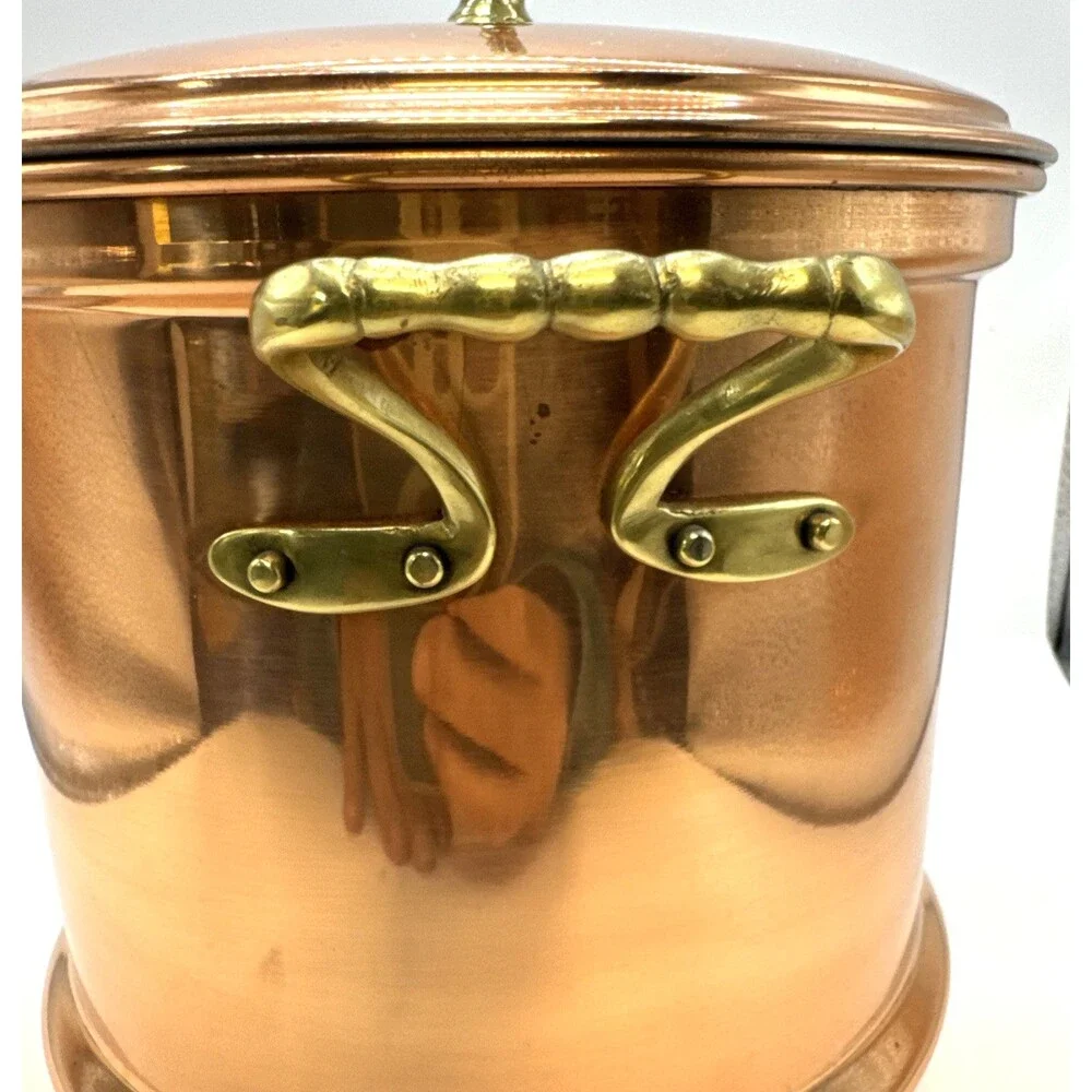 Vintage Copper Storage Canister Stock Pot ice bucket Tin Lining & Brass Handle